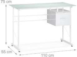 Bureau Moderne Avec Plaque De Verre Tiroir Latéral Pour Chambre D’ado 110 Cm Blanc 13_0000560