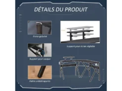 HOMCOM Bureau Gaming D'angle Bureau Gamer Bureau Informatique Bracket Casque Porte-gobelet étagère écran Réglable Métal Panneaux Texture Carbone Noir -Meubles Soldes Magasin meuble bureau 9550385