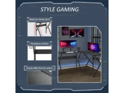 HOMCOM Bureau Gaming D'angle Bureau Gamer Bureau Informatique Bracket Casque Porte-gobelet étagère écran Réglable Métal Panneaux Texture Carbone Noir -Meubles Soldes Magasin meuble bureau 9550387