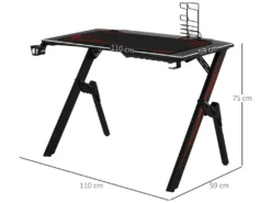 HOMCOM Bureau Gaming Bureau Gamer Bureau Informatique Bracket Support Casque Porte-gobelet Et Tapis Souris Fournis Métal MDF Noir Rouge -Meubles Soldes Magasin meuble bureau 9550433