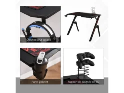 HOMCOM Bureau Gaming Bureau Gamer Bureau Informatique Bracket Support Casque Porte-gobelet Et Tapis Souris Fournis Métal MDF Noir Rouge -Meubles Soldes Magasin meuble bureau 9550437