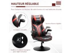 Fauteuil Gaming Base Ronde Métal Pivotante 360° Hauteur Réglable Tétière Accoudoirs Relevables PVC Rouge Noir -Meubles Soldes Magasin siege de bureau 18881167