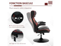 Fauteuil Gaming Base Ronde Métal Pivotante 360° Hauteur Réglable Tétière Accoudoirs Relevables PVC Rouge Noir -Meubles Soldes Magasin siege de bureau 18881169