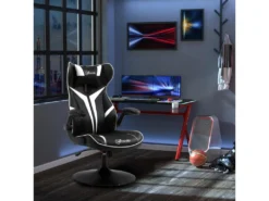 Fauteuil Gaming Base Ronde Métal Pivotante 360° Hauteur Réglable Tétière Accoudoirs Relevables PVC Blanc Noir