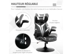 Fauteuil Gaming Base Ronde Métal Pivotante 360° Hauteur Réglable Tétière Accoudoirs Relevables PVC Blanc Noir -Meubles Soldes Magasin siege de bureau 18881177