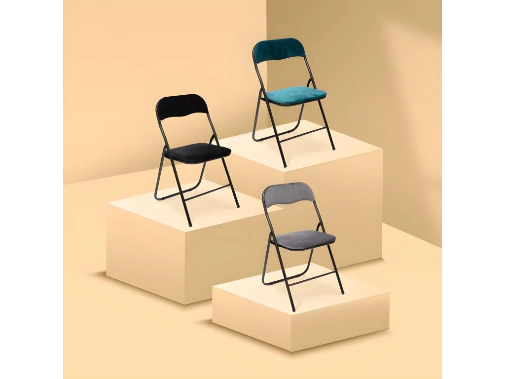 Chaise Pliante Confortable En Métal Et Velours Gris H 79 Cm 3 Chaise Pliante Confortable En Métal Et Velours Gris H 79 Cm – Image 3