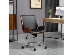 Chaise De Bureau Manager Design Vintage Pivotante Hauteur Réglable Bois Peuplier Acier Chromé Revêtement Mixte Synthétique Tissu Noir