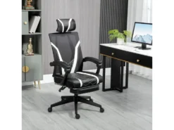 Fauteuil De Bureau Gamer - Pivotant, Inclinable - Support Lombaire, Tétière, Repose-pied Inclus - Revêtement Synthétique Et Polyester Blanc Noir