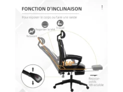Fauteuil De Bureau Gamer - Pivotant, Inclinable - Support Lombaire, Tétière, Repose-pied Inclus - Revêtement Synthétique Et Polyester Blanc Noir -Meubles Soldes Magasin siege de bureau 8952775