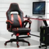 HOMCOM Fauteuil Gamer Grand Confort Fauteuil De Bureau Gamer Pivotant Inclinable Avec Coussins Et Repose-pieds Revêtement Synthétique Noir Rouge
