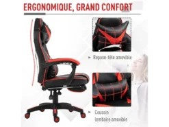 HOMCOM Fauteuil Gamer Grand Confort Fauteuil De Bureau Gamer Pivotant Inclinable Avec Coussins Et Repose-pieds Revêtement Synthétique Noir Rouge -Meubles Soldes Magasin siege de bureau 9550227